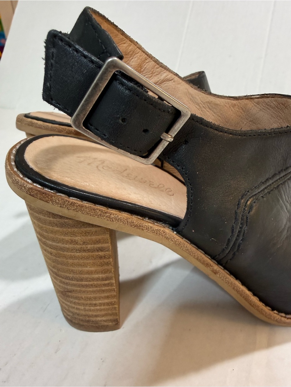 Madewell The Marie Black Leather Slingback Heeled Sandals Peep Toe Bootie Size 8 - Picture 3 of 12